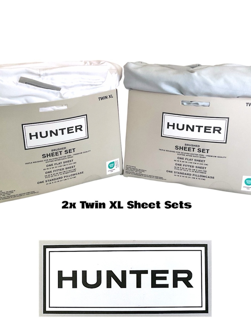 2x HUNTER Twin XL Triple Brushed Sheet Sets White & Light Dusty Blue-Grey